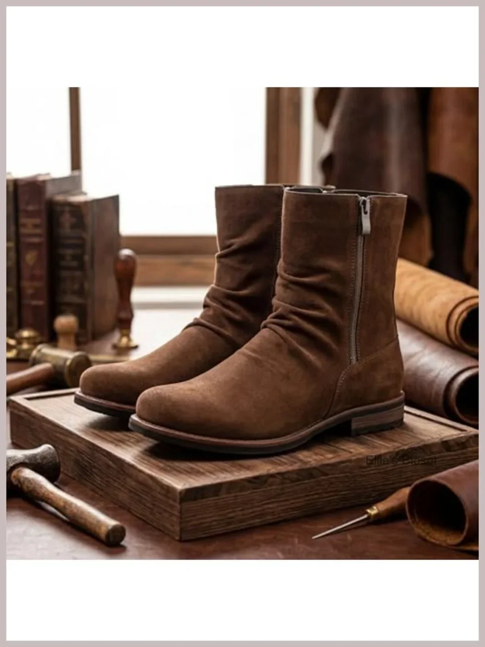 Mens Suede-Look Synthetic Leather Slouch Zip Boot Rounded Toe Low Heel